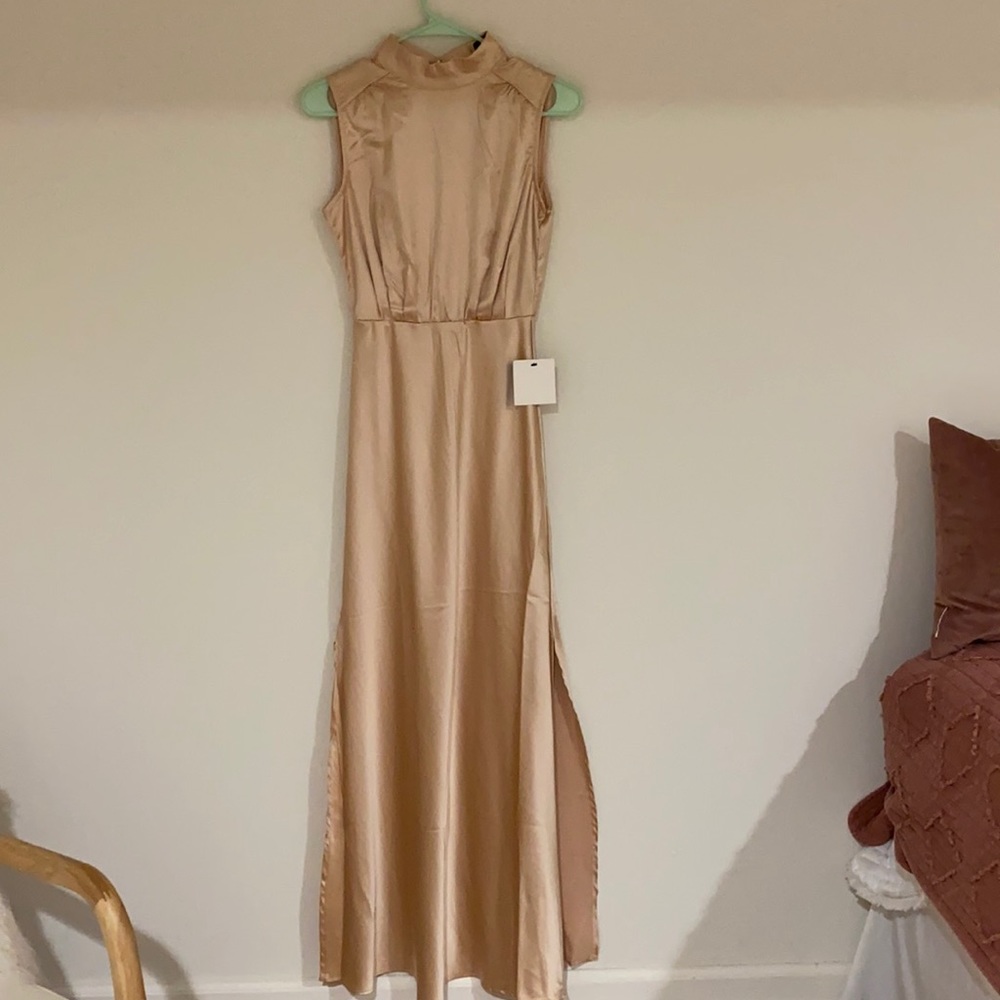 LAST CHANCE! LULU’s Satin Champagne Cocktail Evening Dress with High Neck